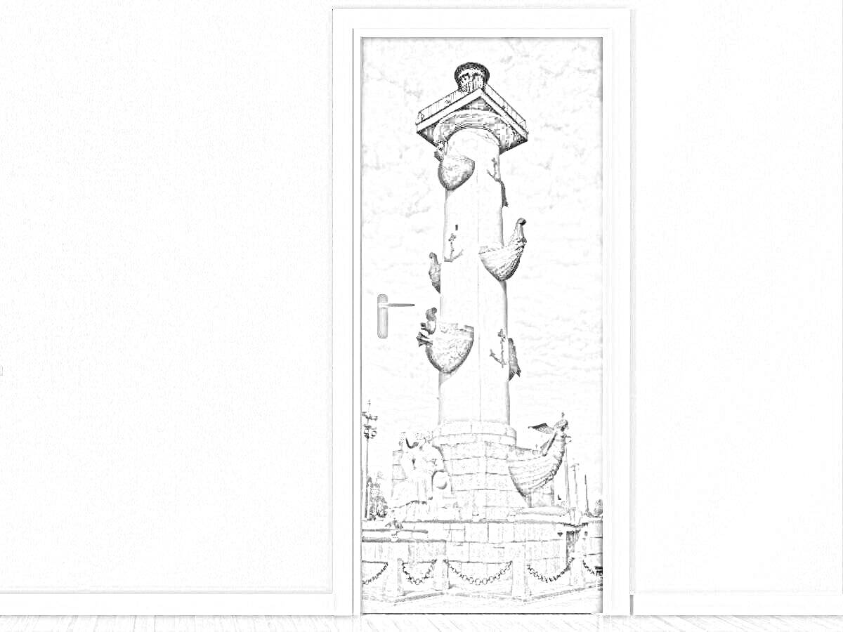 Раскраска Ростральная колонна с носовыми частями кораблей, декорированная фигурными элементами и стоящая на массивном постаменте, на фоне облачного неба