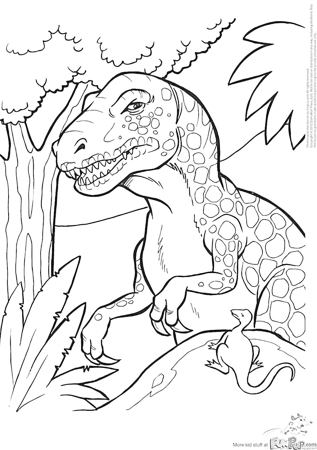 Раскраска Динозавр в лесу с ящерицей