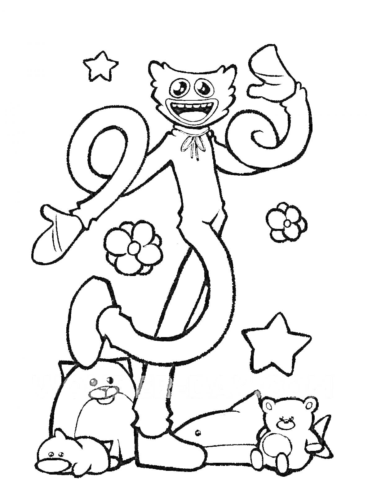 На раскраске изображено: Цветы, Игрушки, Кот, Медведь, Звезды, Акулы, Хагги Вагги