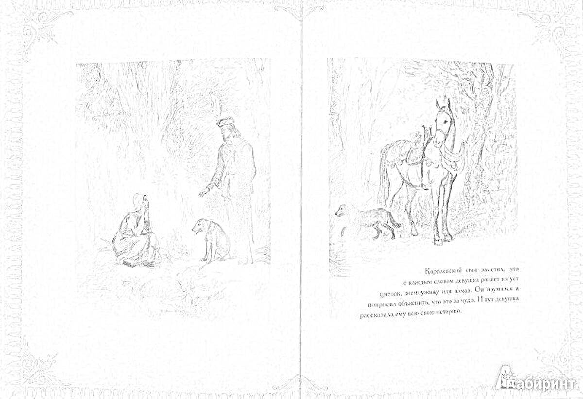 На раскраске изображено: Ослиная шкура, Книга, Два человека, Лес, Собака, Осел