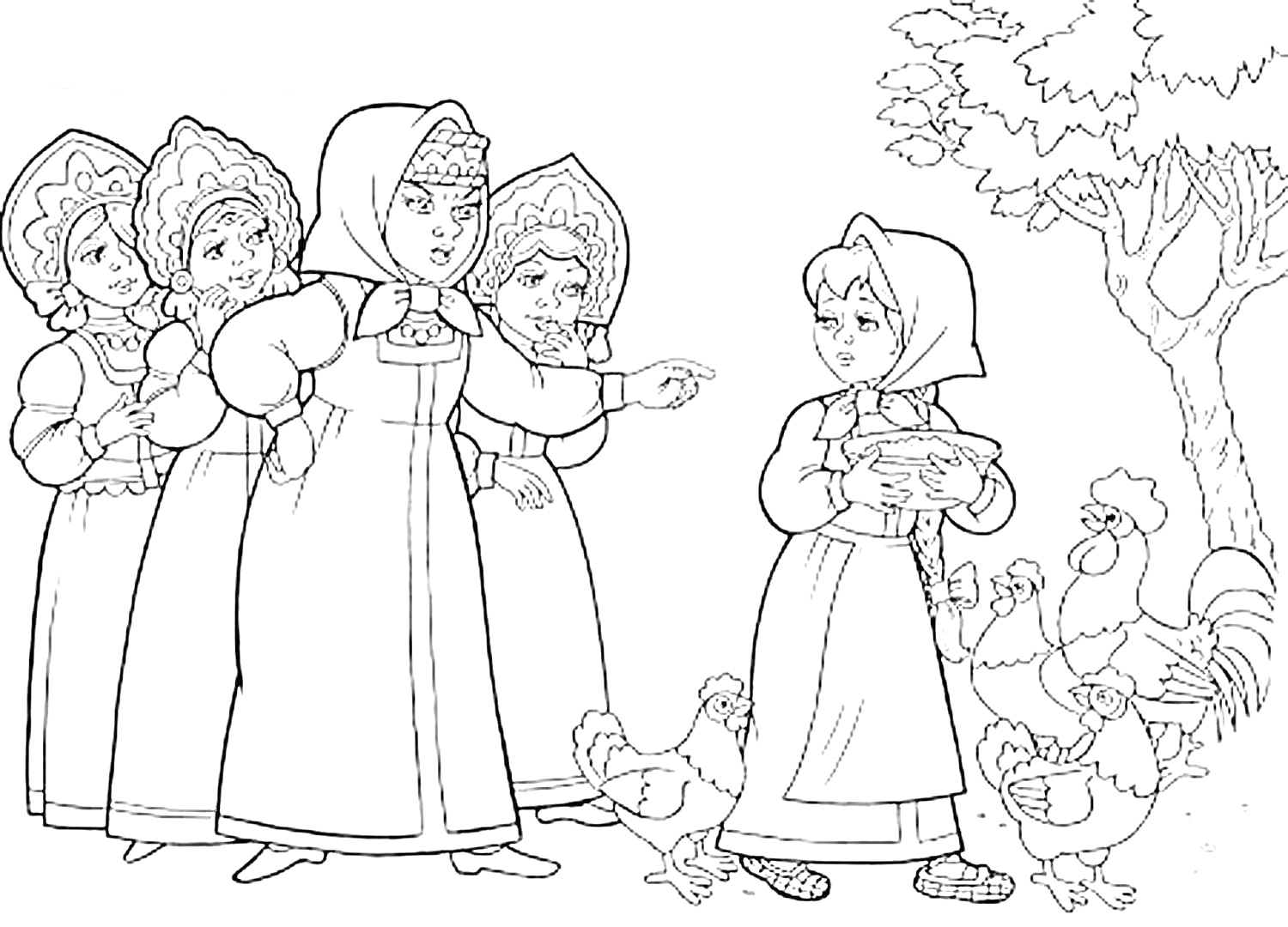 Раскраска Крошечка-Хаврошечка: барышни указывают на девушку с подносом, деревья и куры на переднем плане