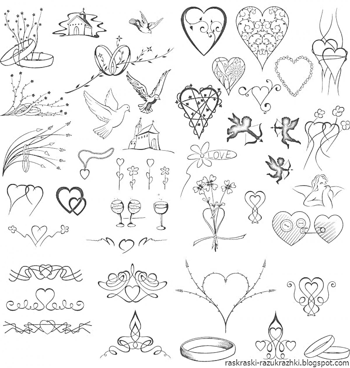 На раскраске изображено: Татуировки, Сердца, Голуби, Цветы, Бабочки, Крылья, Перья, Листья, Бокалы, Лента, Ангел, Кольцо, Корона
