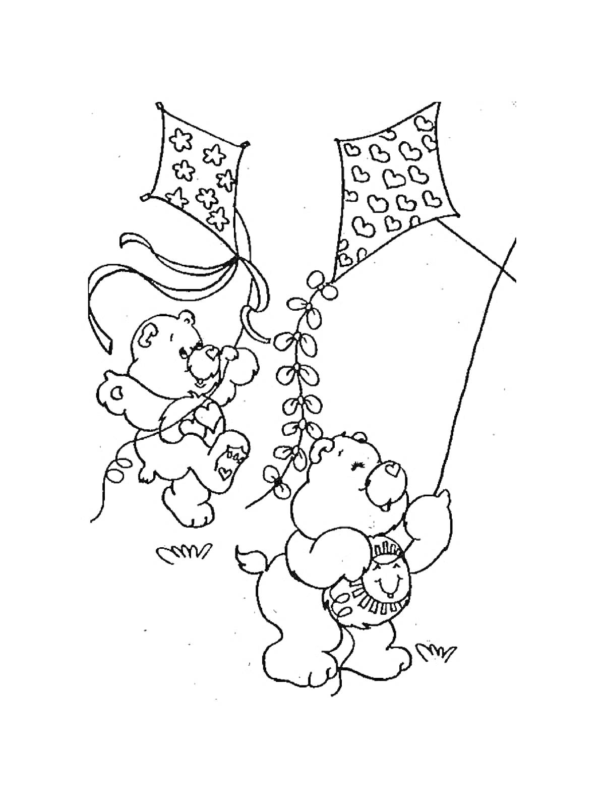 Раскраска Медвежата с воздушными змеями с узорами в форме звезд и сердечек