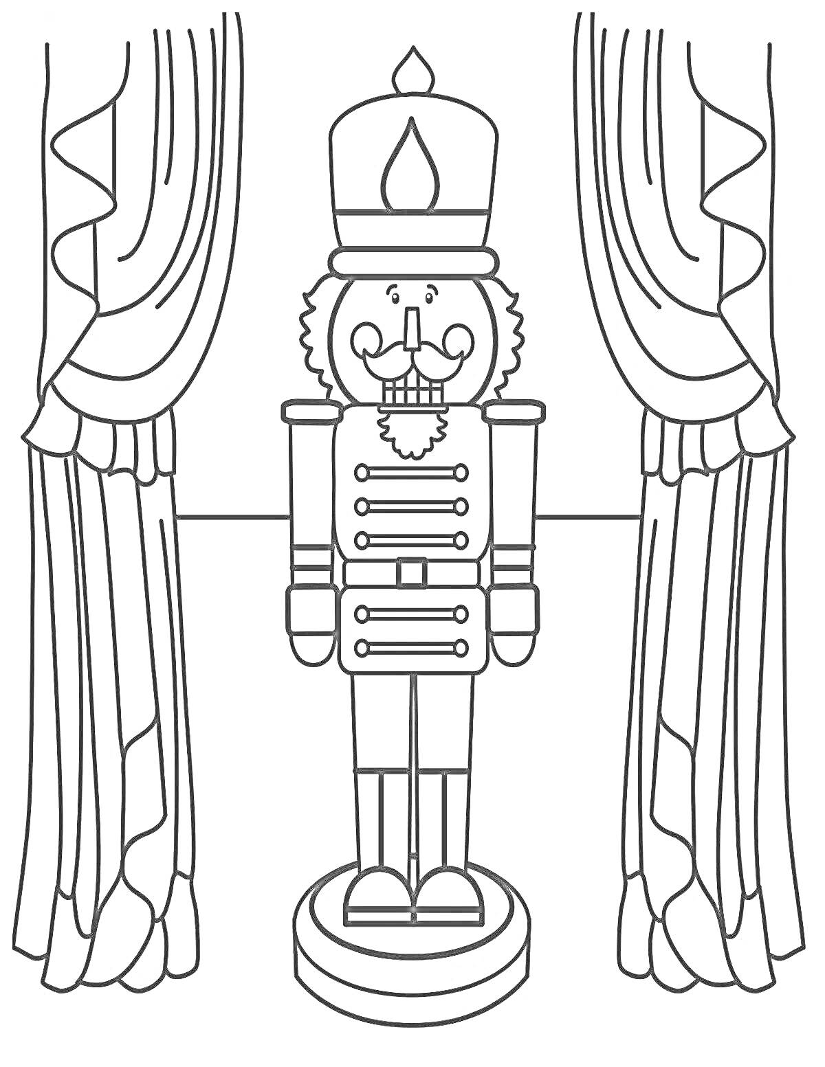 Раскраска Щелкунчик на фоне занавесов
