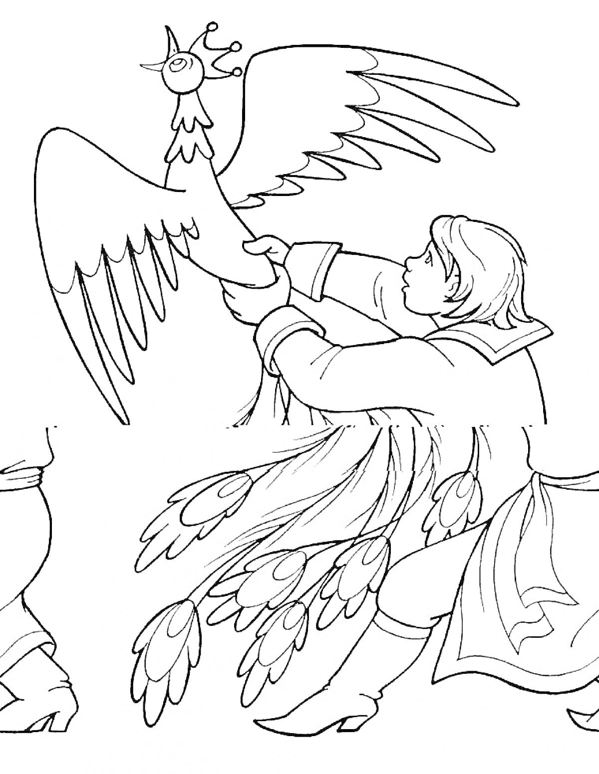 Раскраска Человек в плаще держит Жар-Птицу за крыло