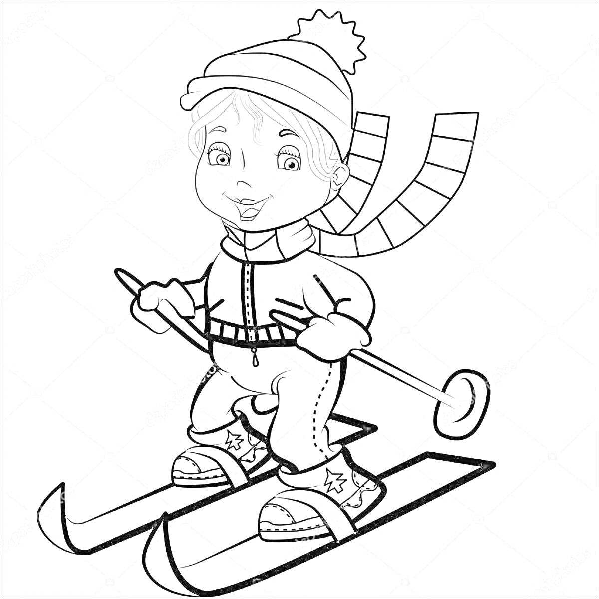 На раскраске изображено: Лыжник, Ребенок, Зима, Лыжи, Шапка, Шарф, Лыжные палки, Одежда, Спорт, Активный отдых