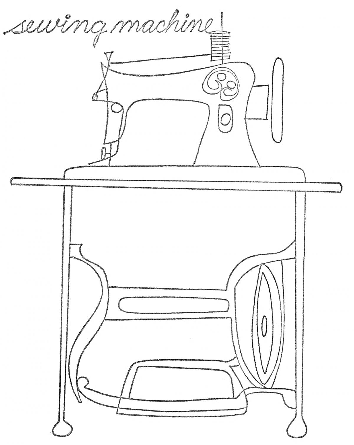 Раскраска Швейная машина на столе с подставкой