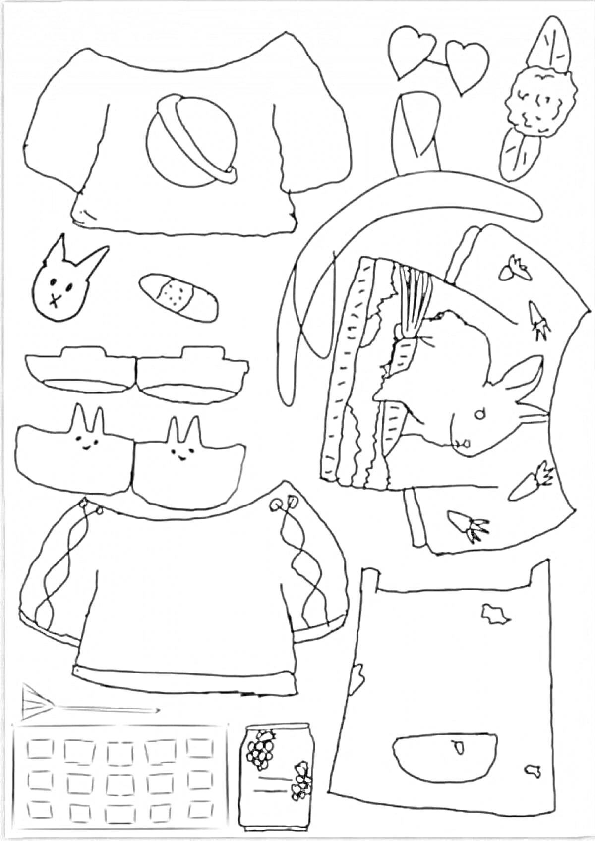 Раскраска Уточка Лалафанфан с одеждой и аксессуарами - кофточки, кроссовки, голова уточки, трусики с апельсином, носочки, сердечки, резинки, маска для сна, юбка, книга, карандаш