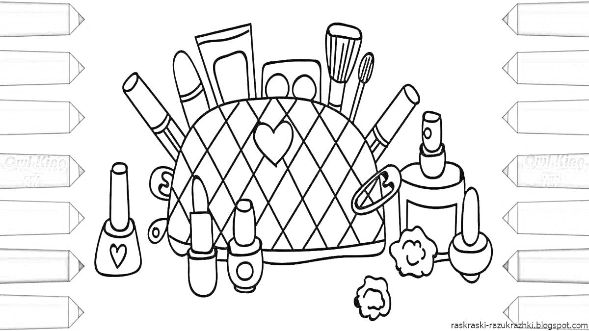 На раскраске изображено: Косметичка, Косметика, Помада, Кисточки, Пудра, Лаки для ногтей, Ватные палочки, Тушь для ресниц