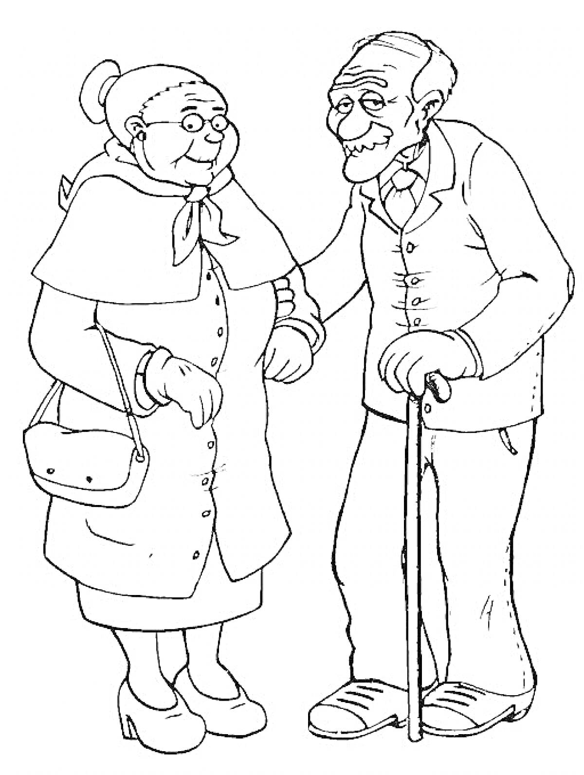 Раскраска Пожилая пара - мужчина с тростью и женщина с сумочкой