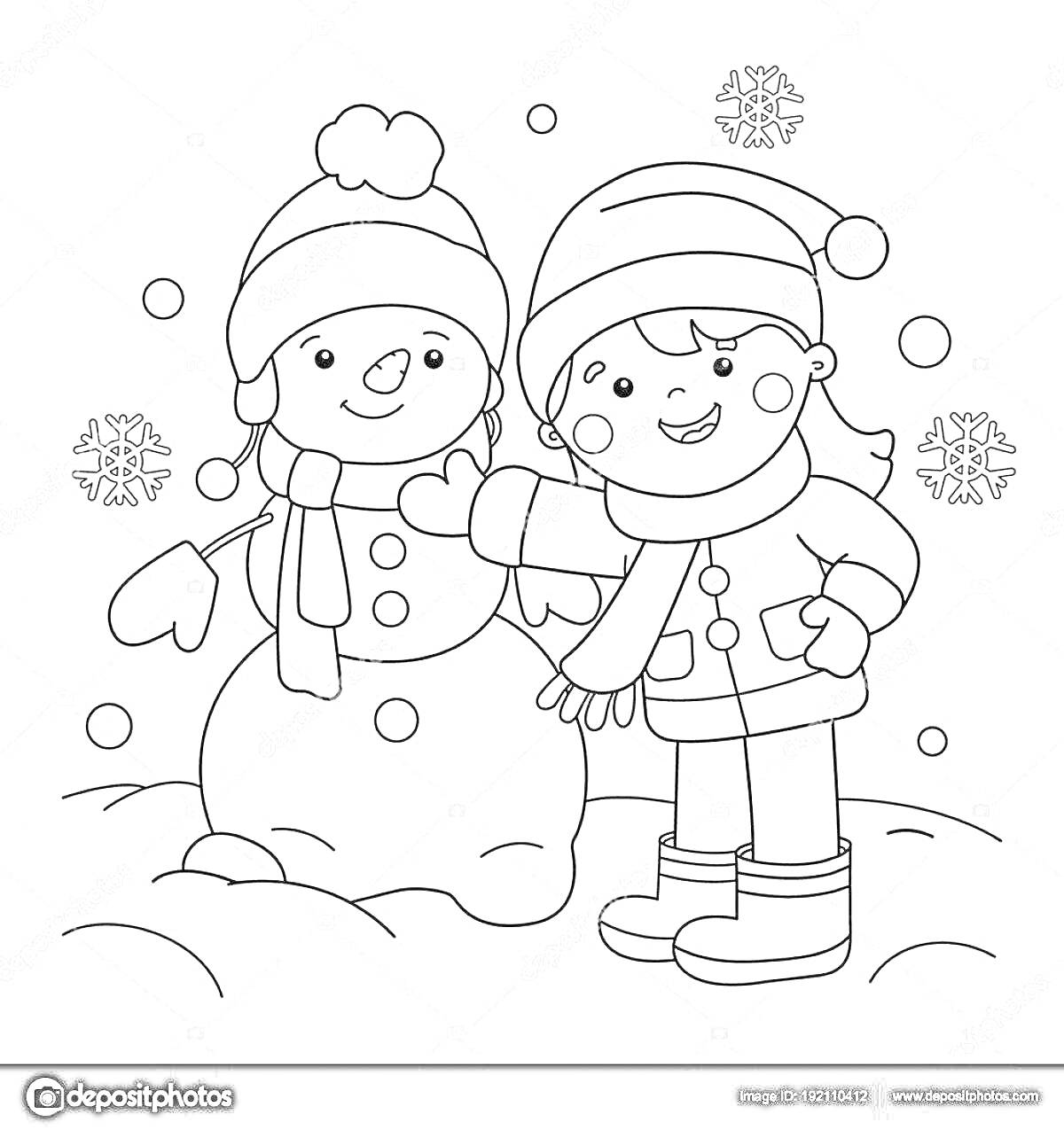 Раскраска Ребенок и снеговик на заснеженной поляне, снежинки на заднем плане
