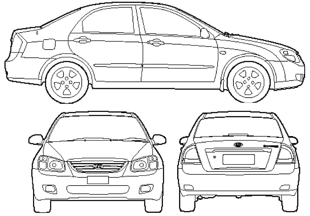 На раскраске изображено: Kia Rio, Транспорт, Колёса, Фары, Кузов