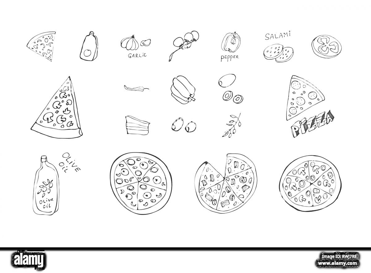 На раскраске изображено: Пицца, Ингредиенты, Оливковое масло, Чеснок, Сыр, Салями, Перец, Оливки