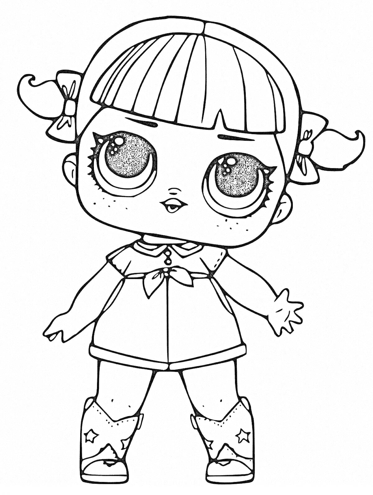 Раскраска Куколка ЛОЛ с двумя хвостиками и большими глазами, в платье с бантом и сапожками со звездами