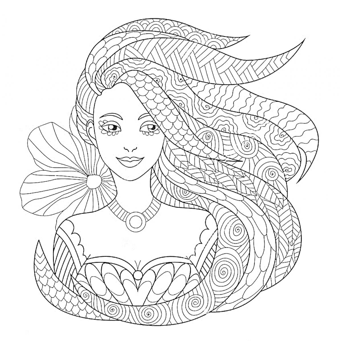 Раскраска Девушка с длинными волосами, украшенная цветком и ожерельем, узорное платье с причудливыми орнаментами.