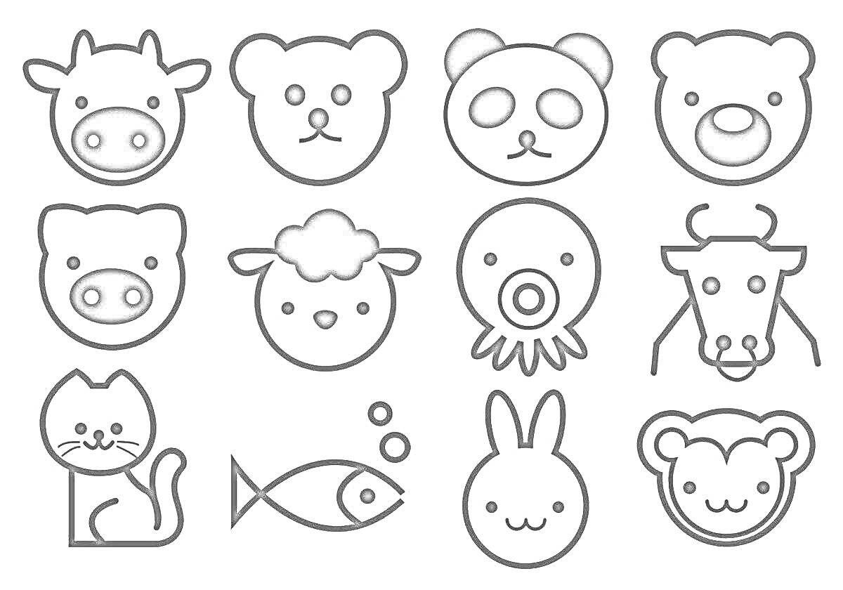 Раскраска Лица животных (корова, медведь, панды, поросёнок, овца, осьминог, кот, рыба, заяц)