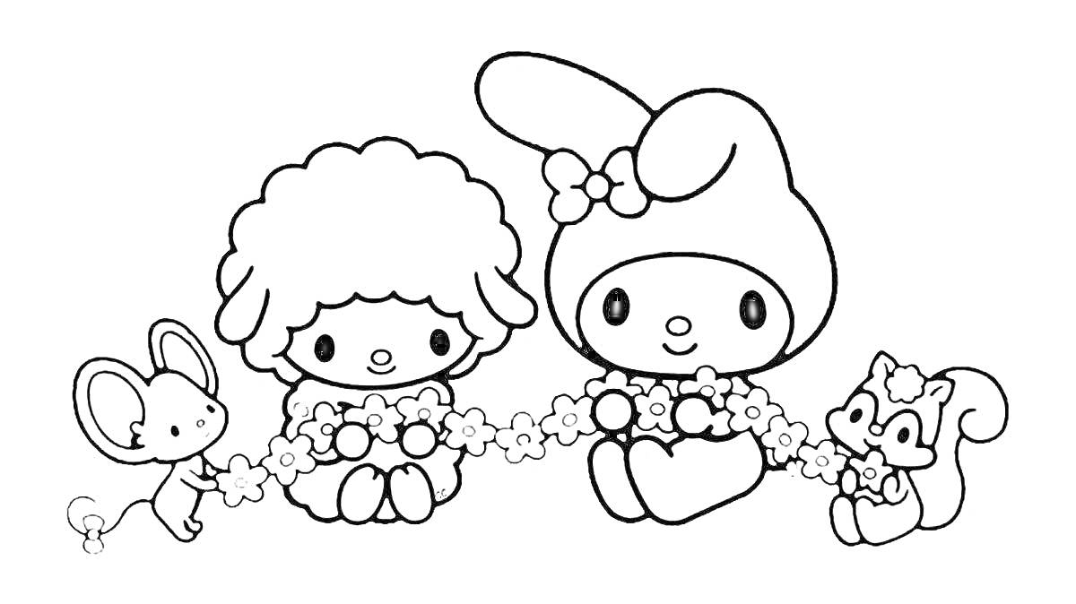 Раскраска Герои с цветочной гирляндой, двое персонажей сидят рядом с животными