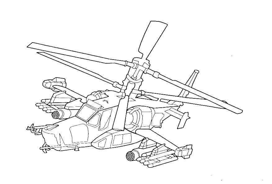На раскраске изображено: Вертолет, Воздушное судно, Авиация, Оружие, Лопасти, Для детей, Ракета