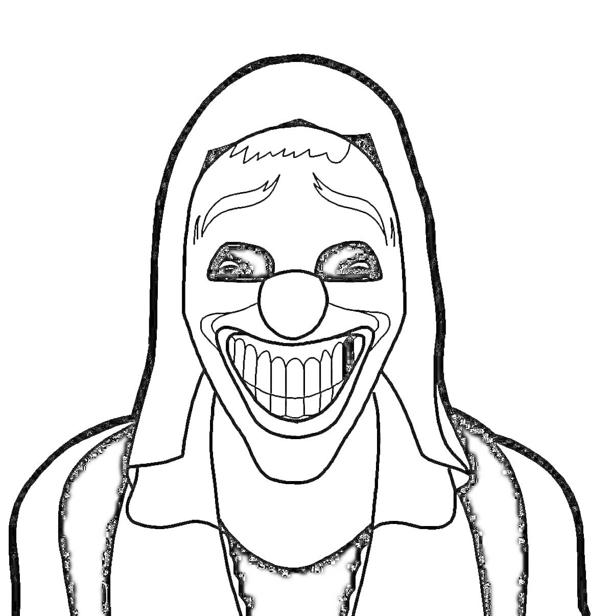 Раскраска Человек в капюшоне с маской клоуна, с чёткими прорисованными линиями на лице, большими глазами и широкой улыбкой.