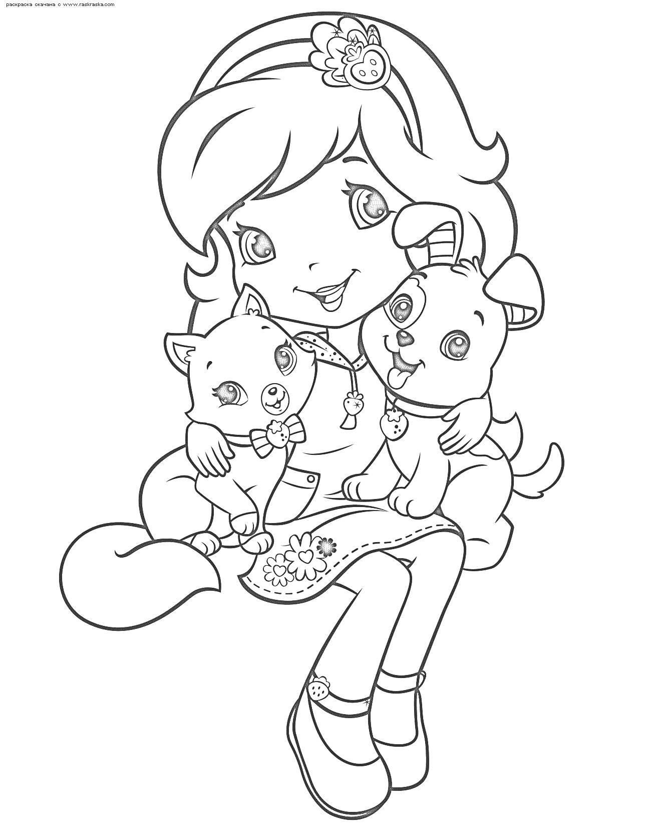 Раскраска Шарлотта Земляничка с одним щенком и одной кошкой на коленях