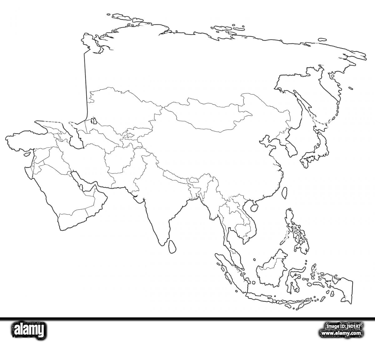 Раскраска Карта Азии с границами стран