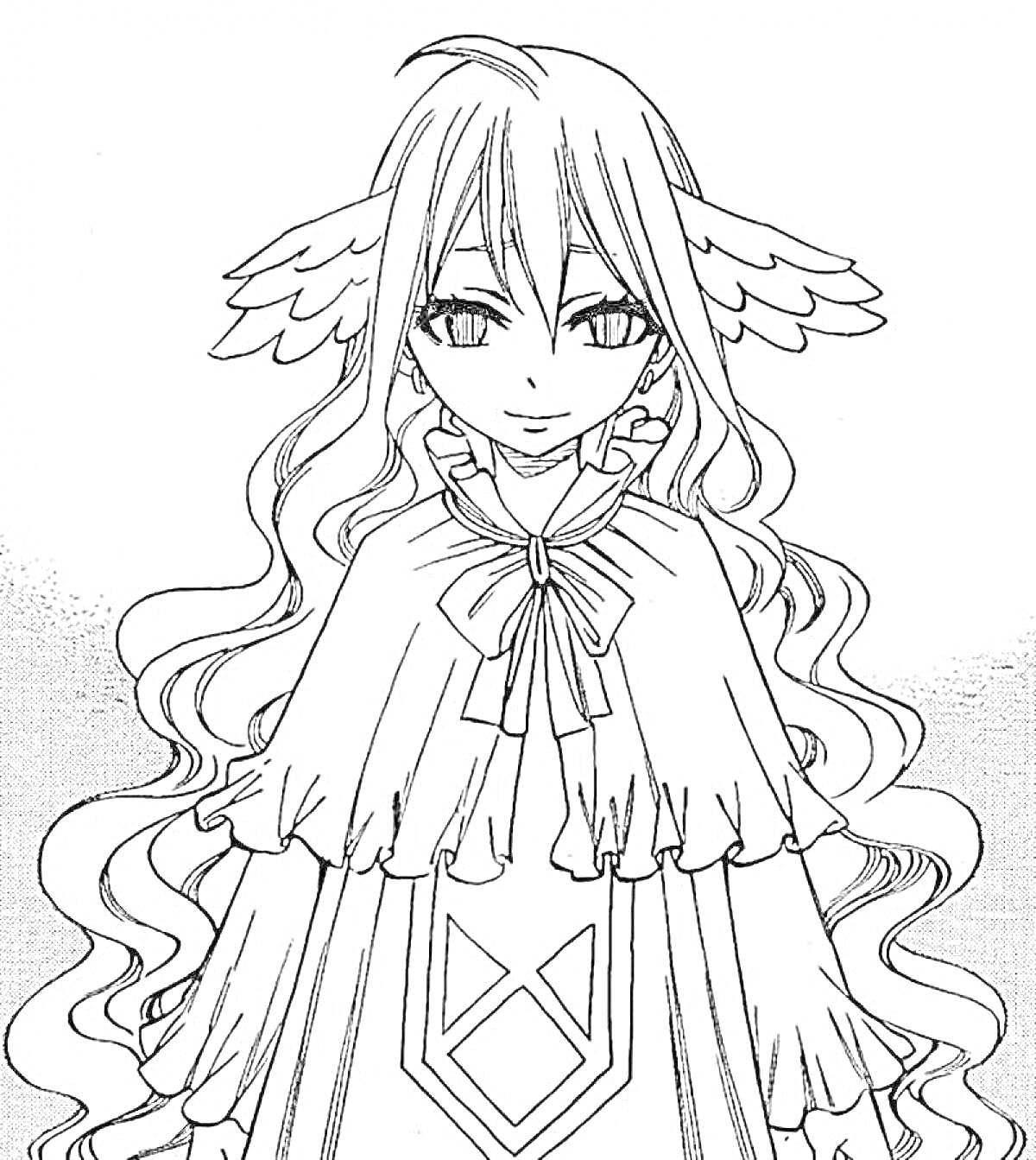 Раскраска Девушка с длинными волосами, в плаще с бантом и ушками с крыльями