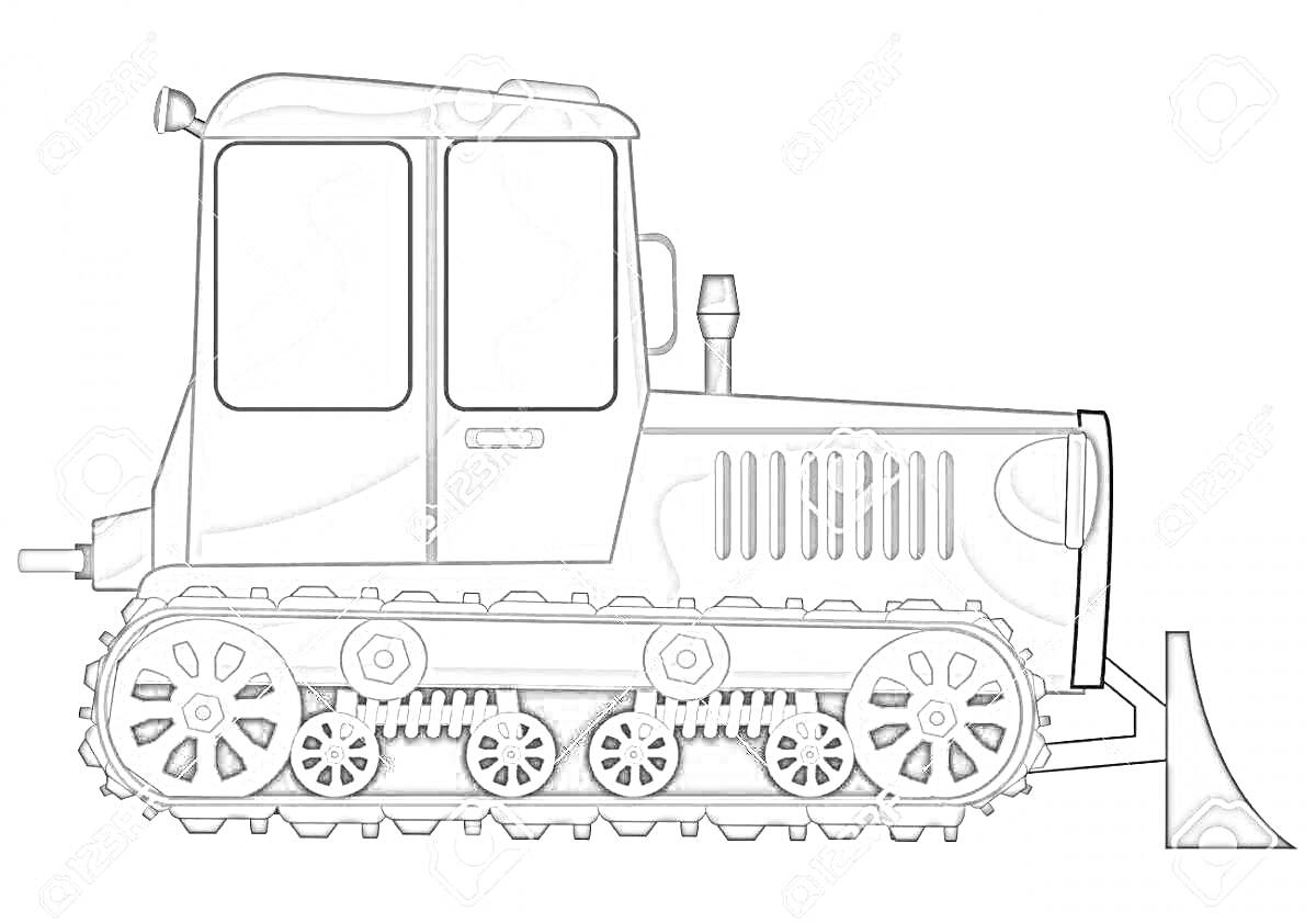 На раскраске изображено: Трактор, ДТ-75, Гусеницы, Бульдозер, Сельскохозяйственная техника, Транспорт