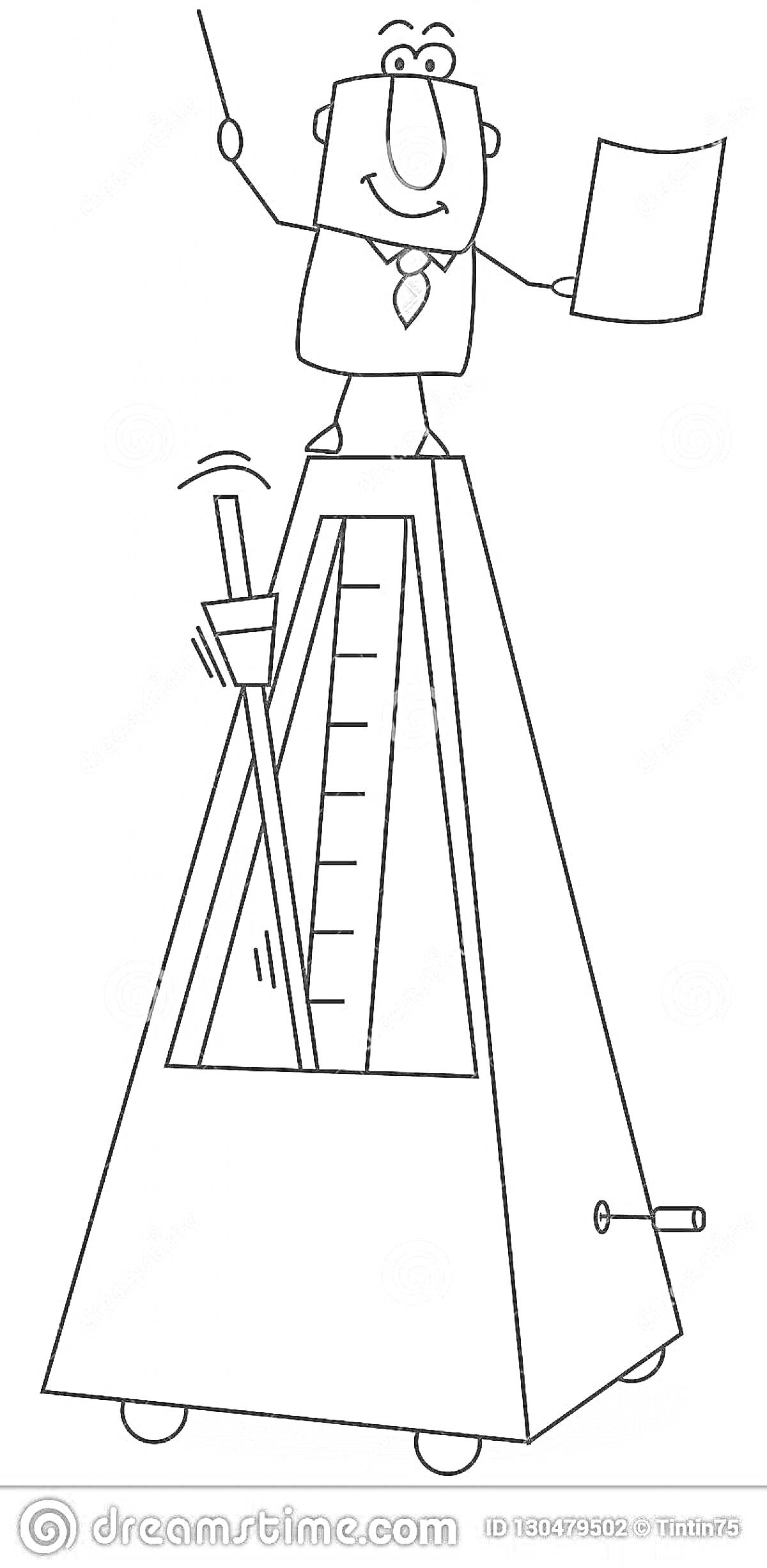 Раскраска Метроном с дирижером в галстуке и палочкой