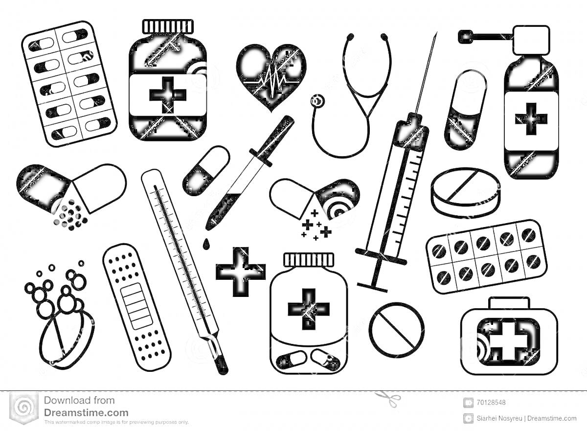 На раскраске изображено: Медицина, Медицинские инструменты, Таблетки, Шприц, Градусник, Стетоскоп, Аптечка, Для детей, Бинты