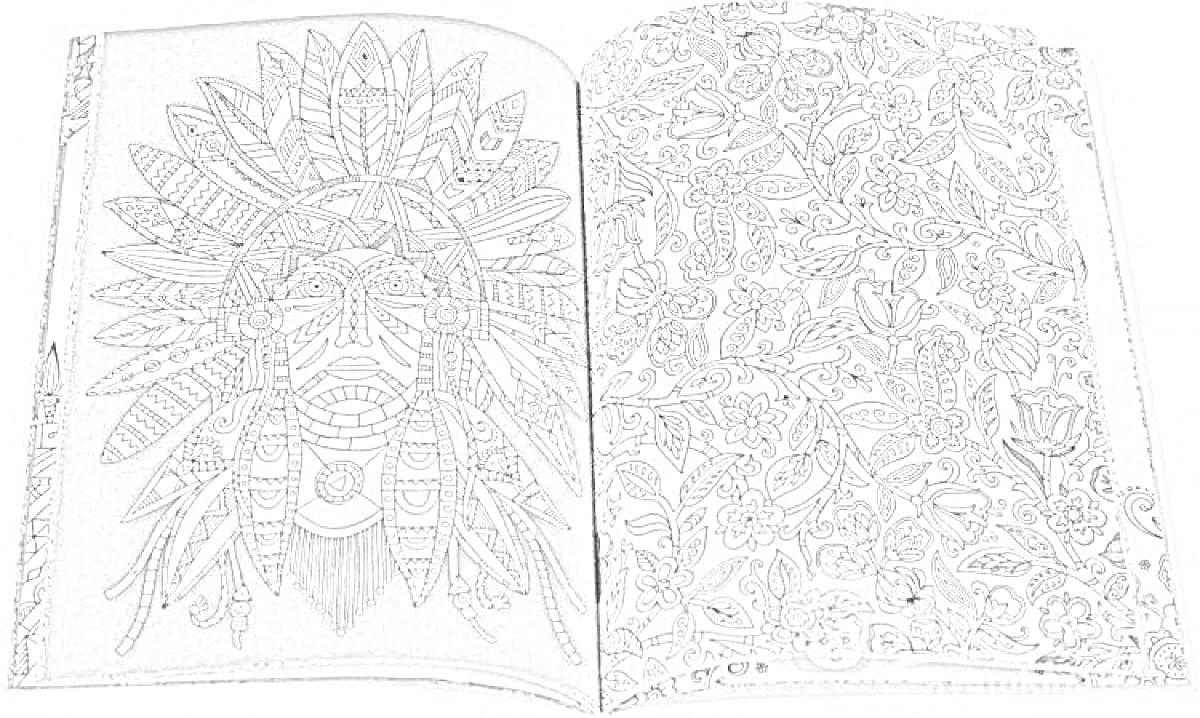 Раскраска Раскраска антистресс с изображениями индейца в головном уборе и узорчатого орнамента с растительными элементами