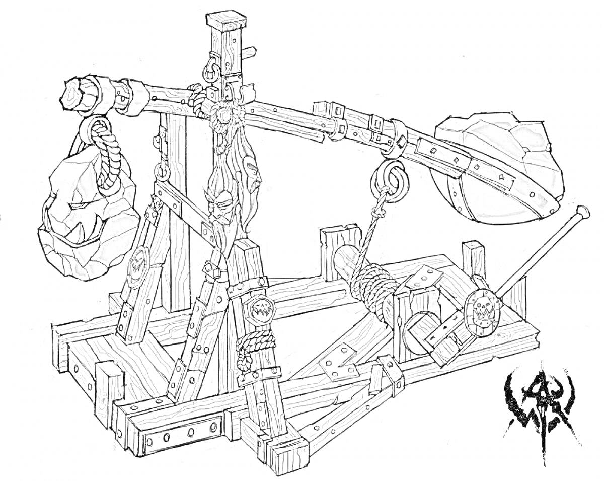 Катапульта с деревянной конструкцией, натянутой верёвкой, каменным грузом и стабилизирующим механизмом