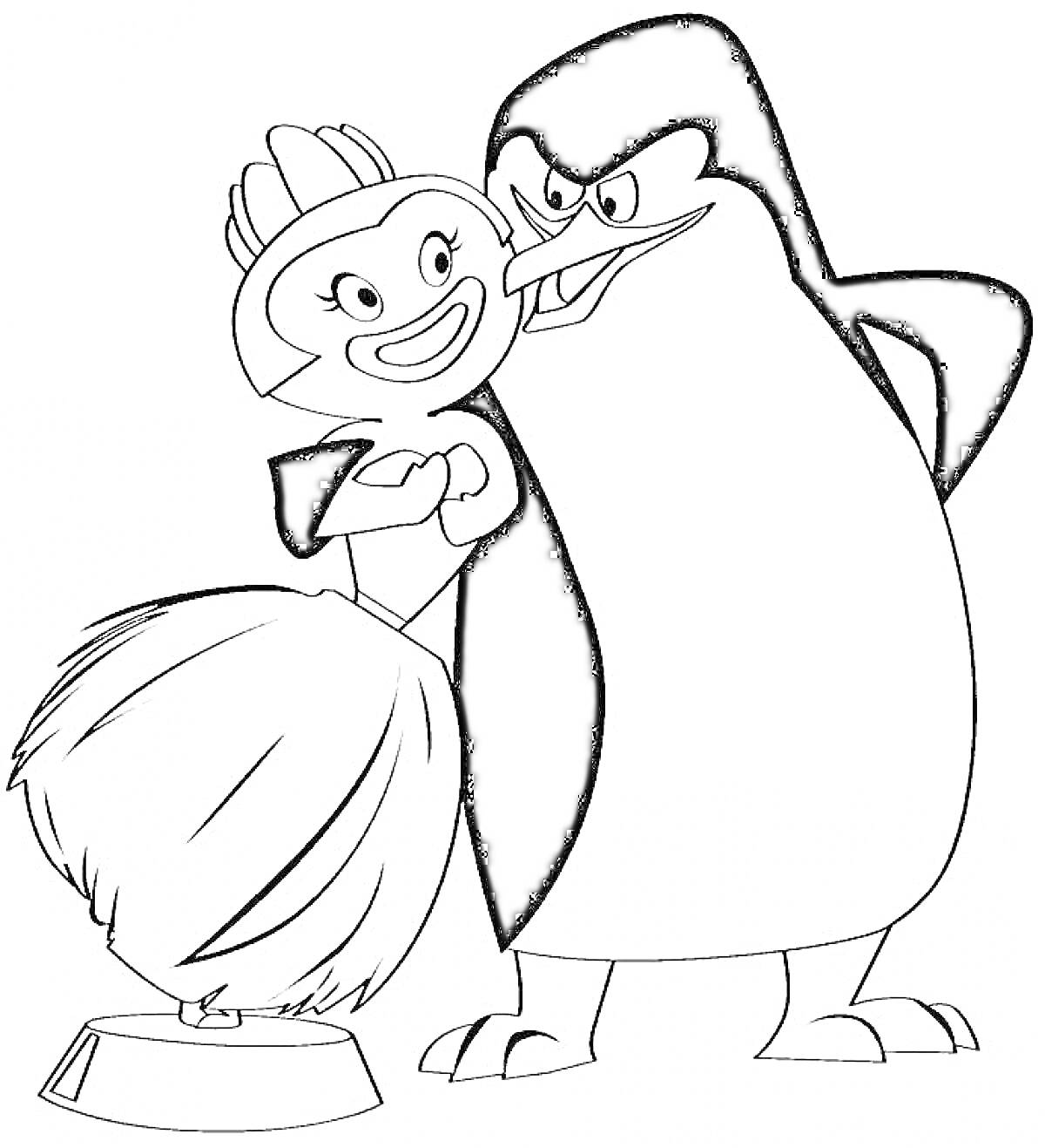 Раскраска Пингвин и танцовщица с помпоном на подставке
