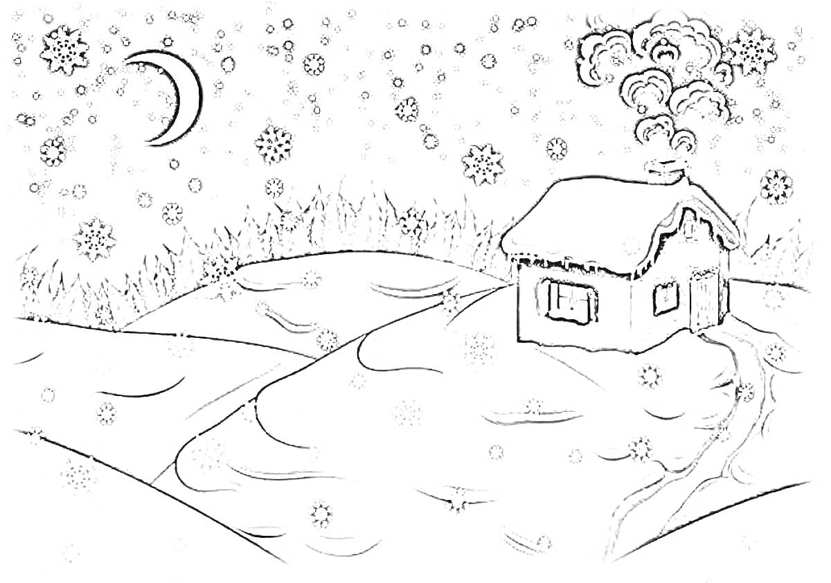 На раскраске изображено: Зимний пейзаж, Домик, Снег, Луна, Снежинки, Природа, Зима, Для детей, Елки
