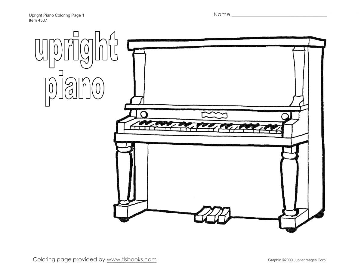 Раскраска Вертикальное пианино с клавишами и педалями