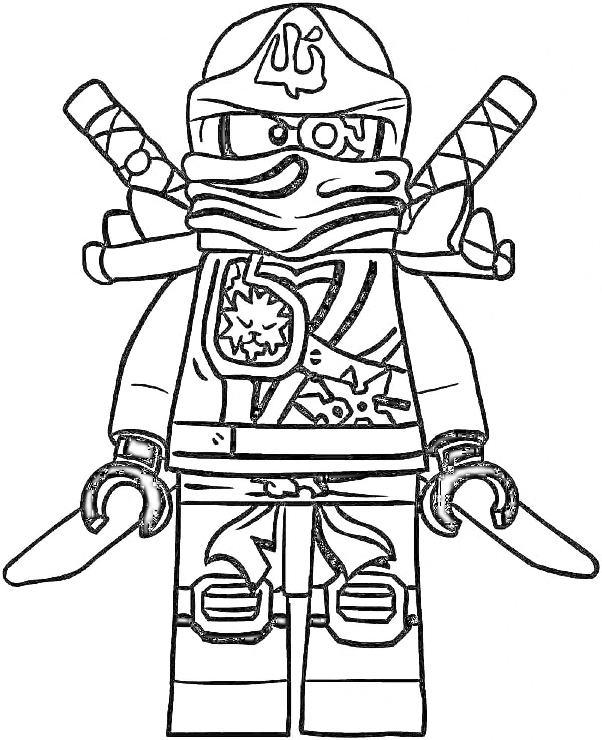 На раскраске изображено: Лего, Воин, Повязка на глазах, Грудь, Оружие