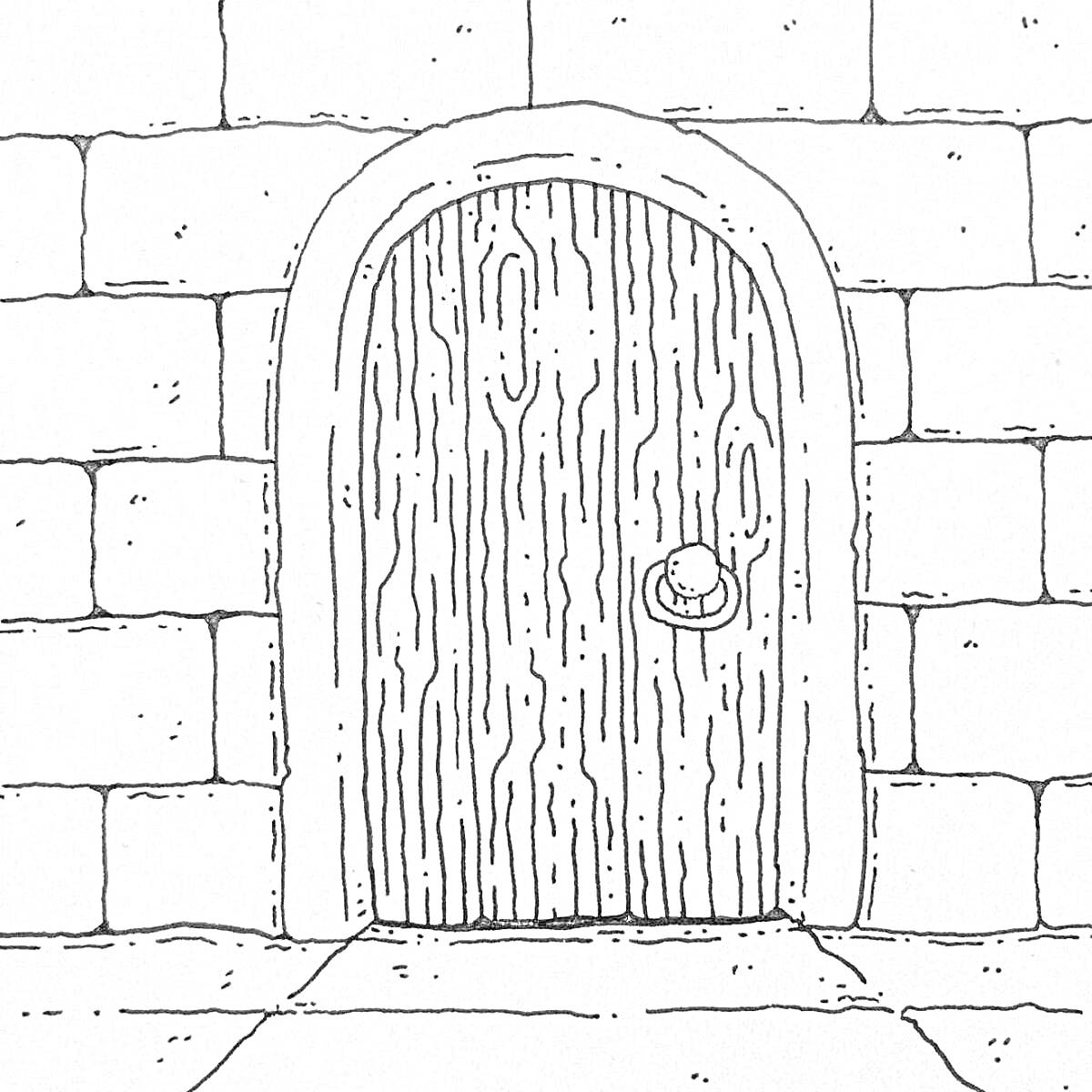 На раскраске изображено: Подвал, Дверь, Деревянная дверь, Каменная стена, Архитектура, Вход, Строение, Контурные рисунки