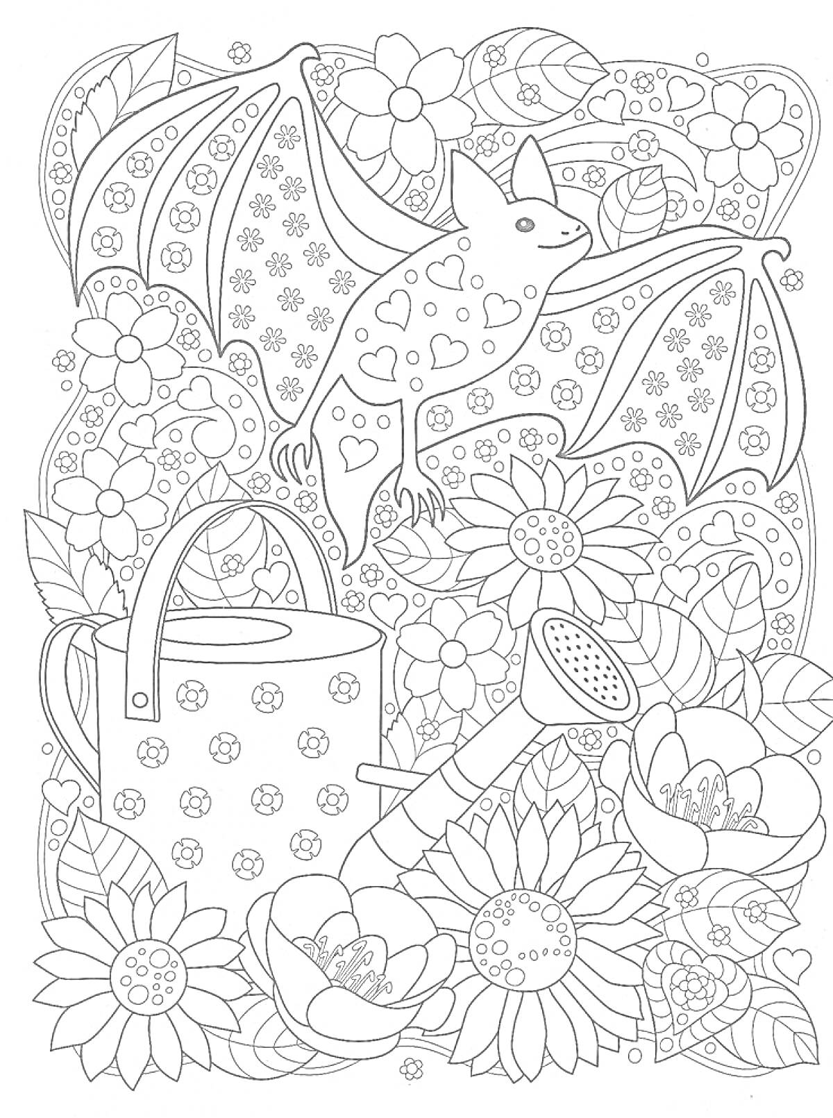 Раскраска Летучая мышь на фоне цветов с цветущей лейкой и лопатой