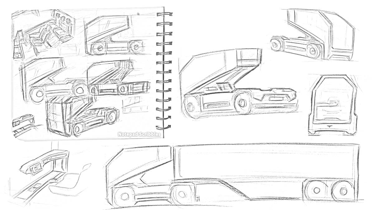 Раскраска Эскизы концепт-каров с элементами Тесла Кибертрак, эскизные виды различных конструкций и деталей на бумаге, включая контейнеровоз и внутренние части.