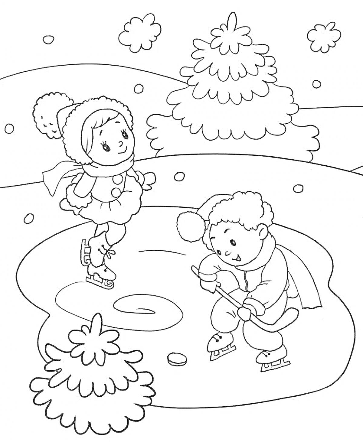 На раскраске изображено: Катание на коньках, Зима, Снег, Деревья, Зимние забавы, Для детей