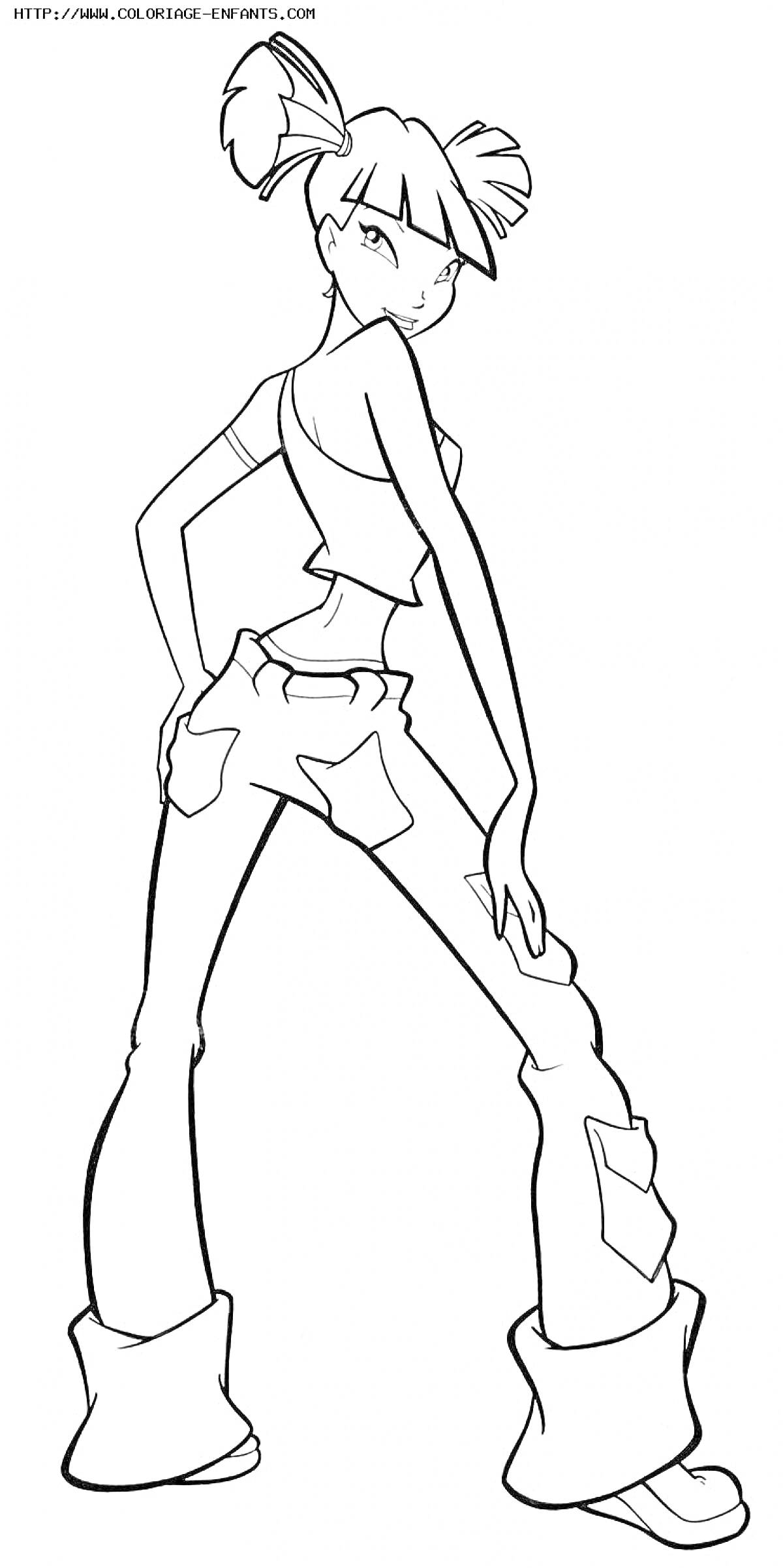 Раскраска Винкс Муза с хвостиками, в топе и широких брюках с карманами