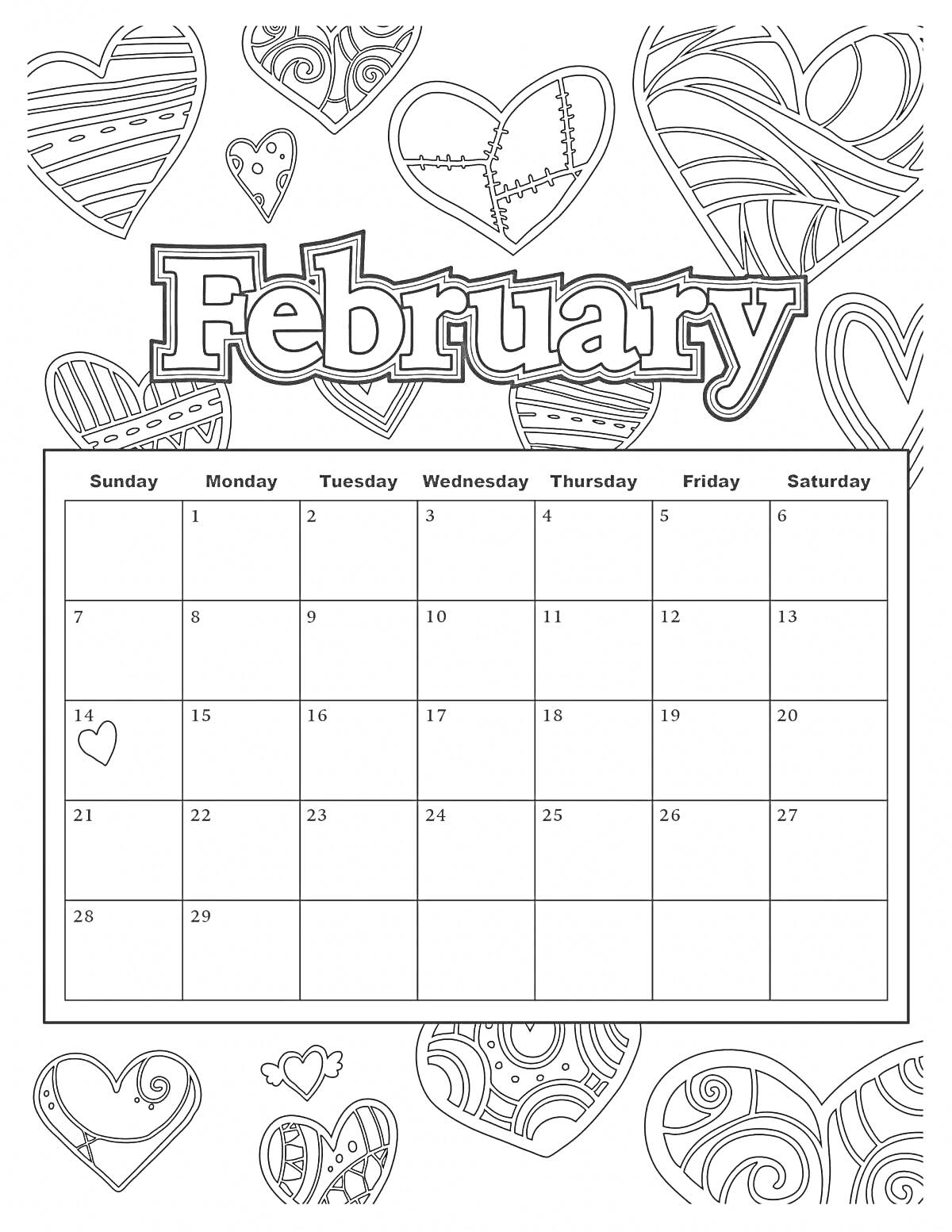 На раскраске изображено: Календарь, Февраль, Абстрактные узоры, Дни недели, Зима, Праздники, Творчество
