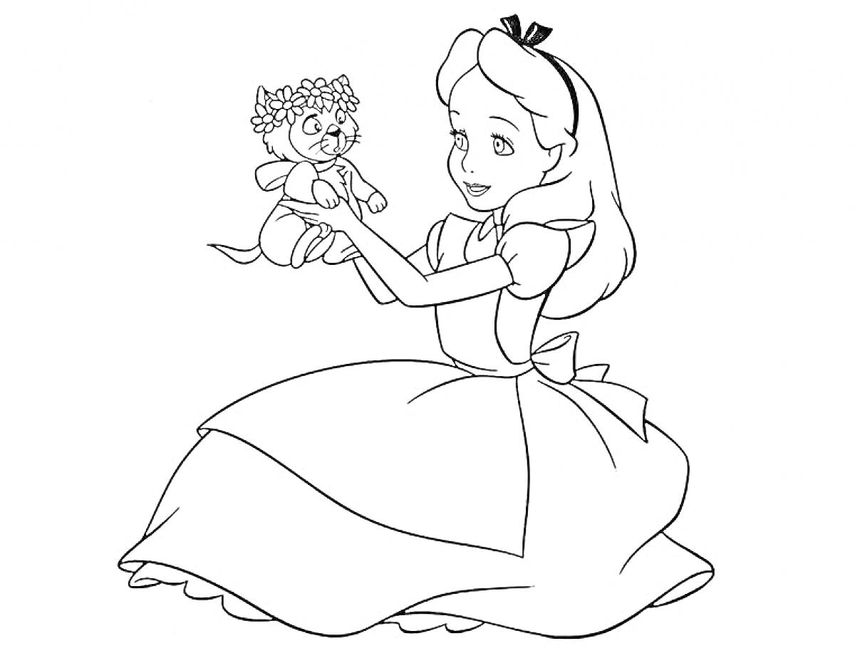 На раскраске изображено: Девочка, Кукла, Платье, Цветочный венок, Сидение, Цветы, Персонаж