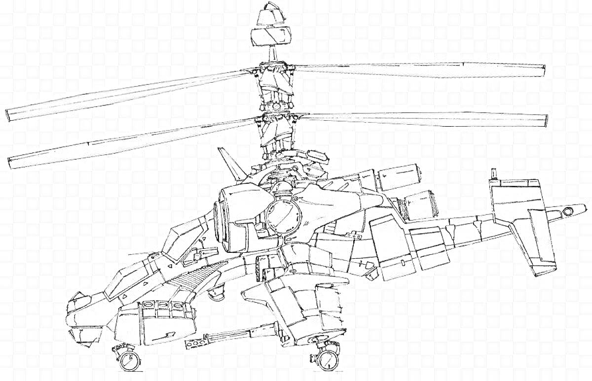 Раскраска Вертолет Ка-52 с двойным винтом и детализированной конструкцией