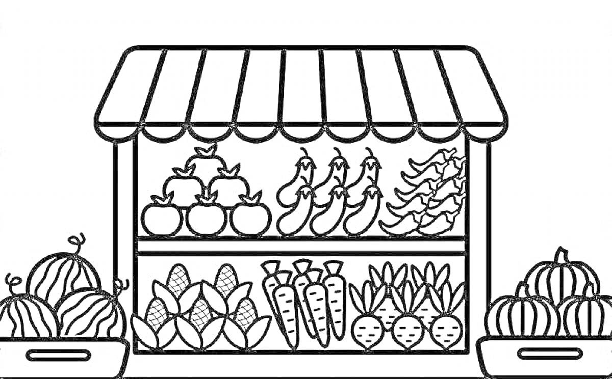 На раскраске изображено: Магазин, Овощи, Фрукты, Перцы, Кукуруза, Морковь, Арбузы, Прилавок