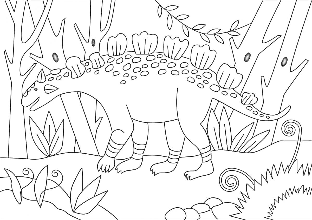 На раскраске изображено: Анкилозавр, Динозавр, Лес, Деревья, Растения, Природа, Контурные рисунки
