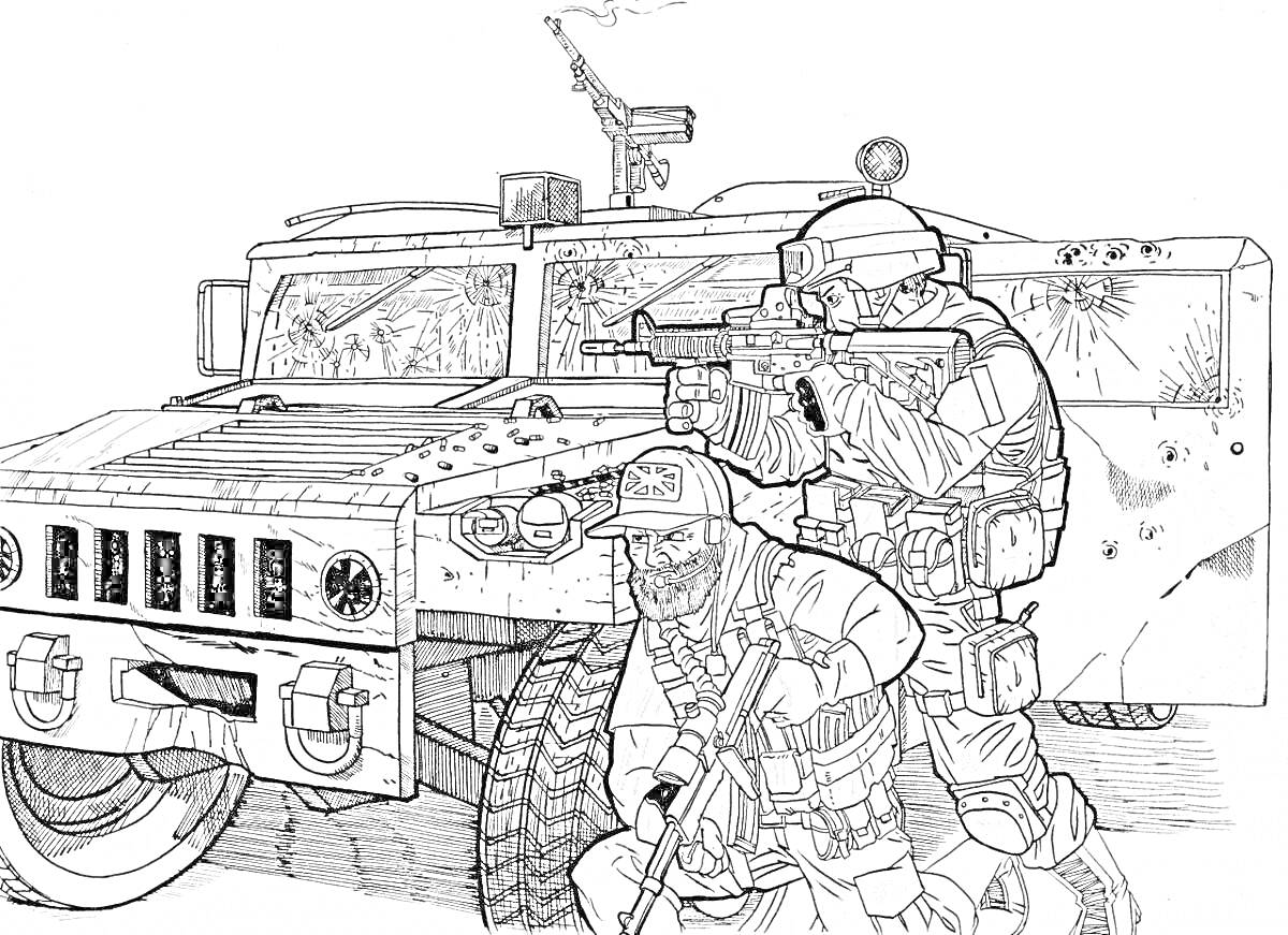 На раскраске изображено: Военные, Бронеавтомобиль, Оружие, Боевые действия, Спецназ, Экипировка, Винтовка, Военная техника
