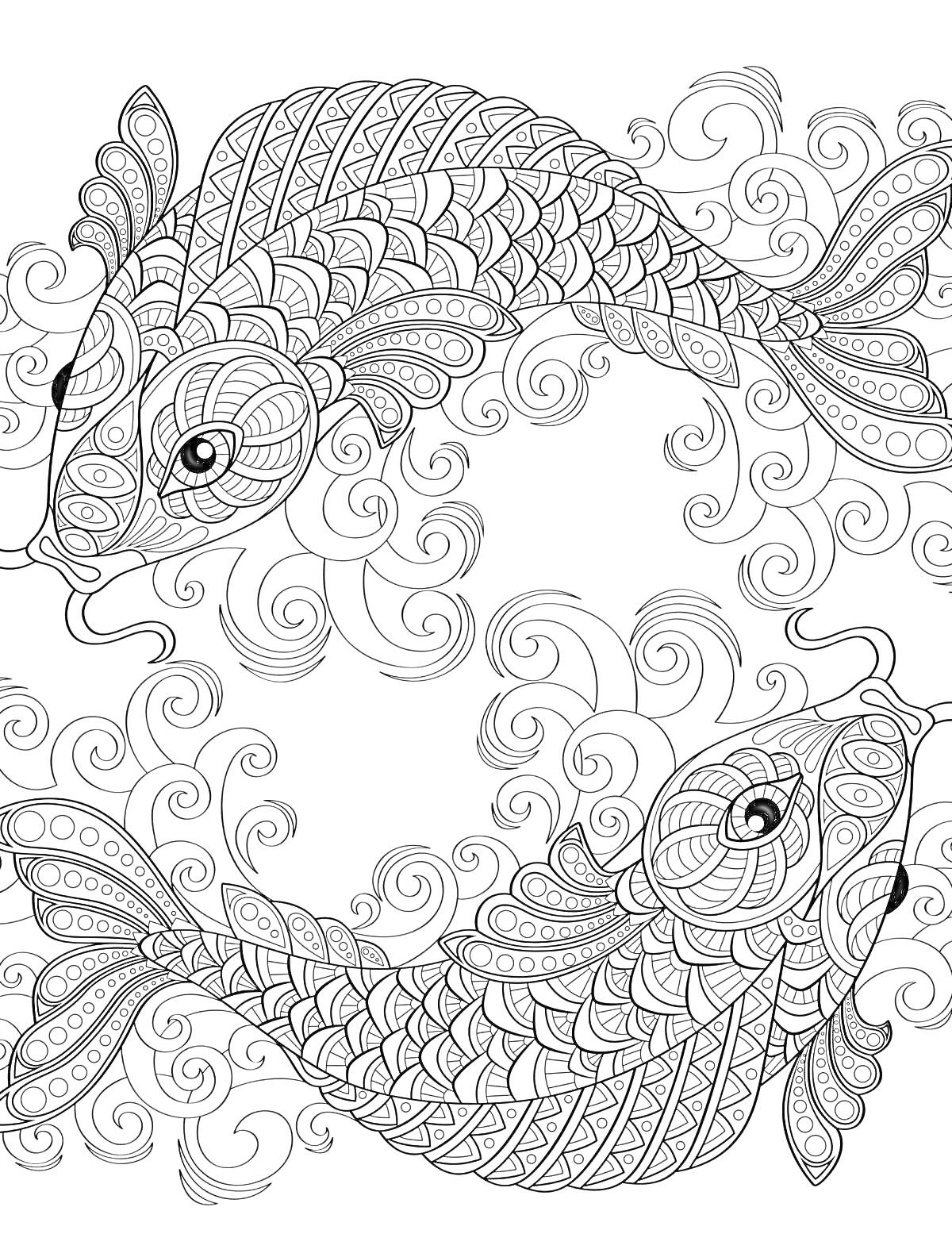 Раскраска Две рыбы с узорами на фоне завитков