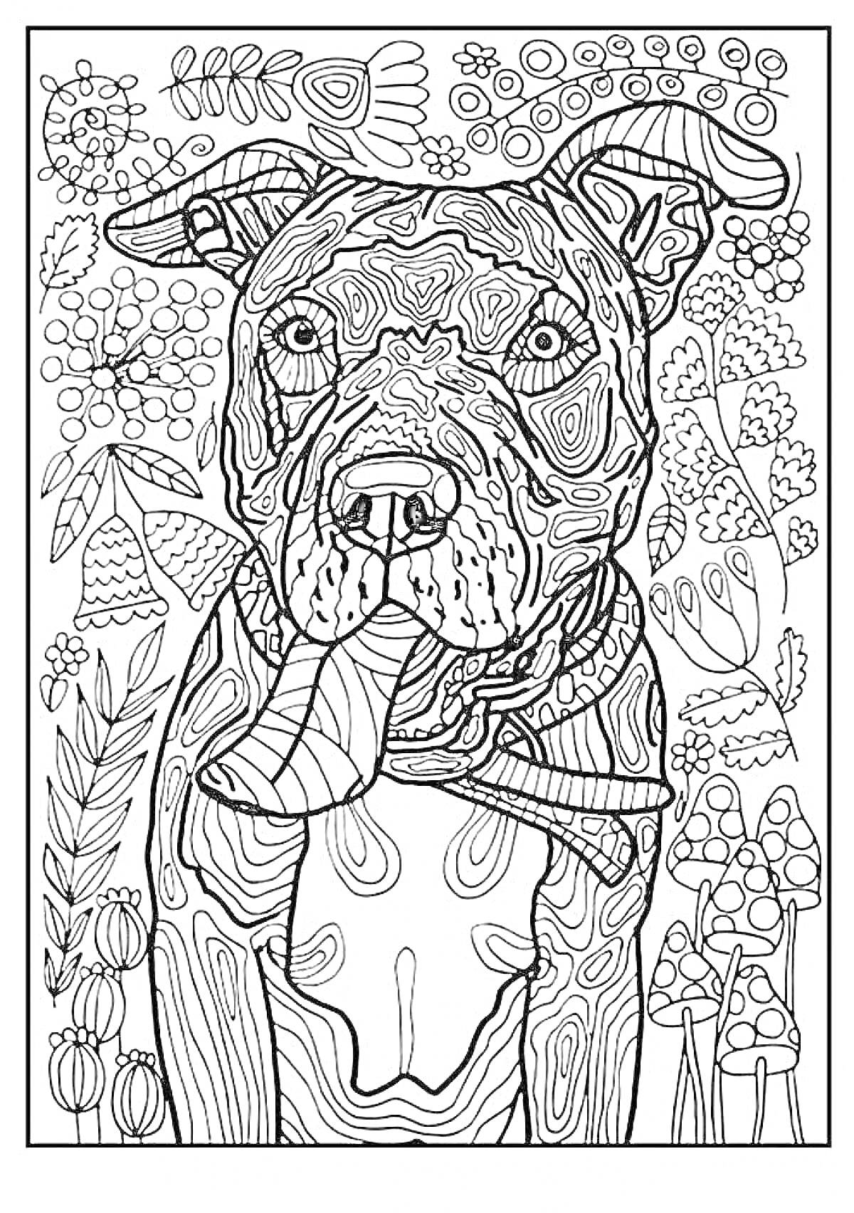 Раскраска Собака с шарфом среди растений и грибов