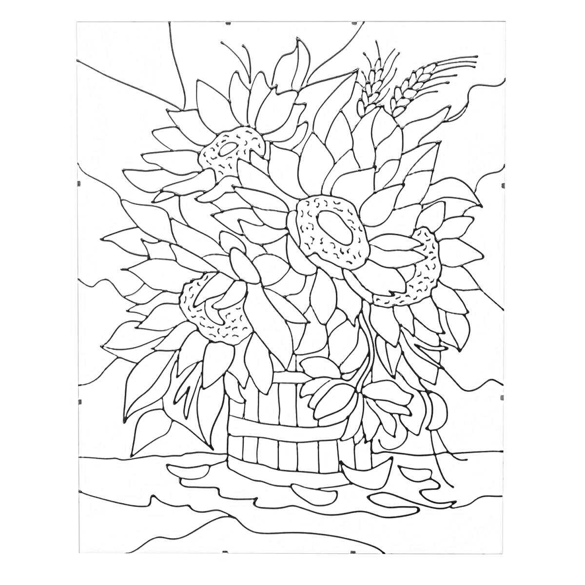 Раскраска Букет из подсолнухов в деревянном ведре