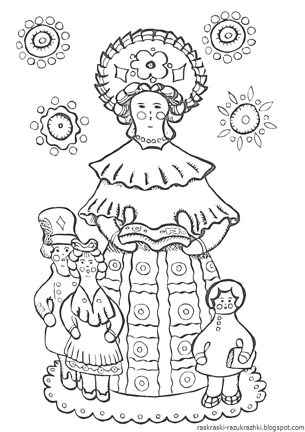 Раскраска Женщина в головном уборе с тремя детьми и цветами